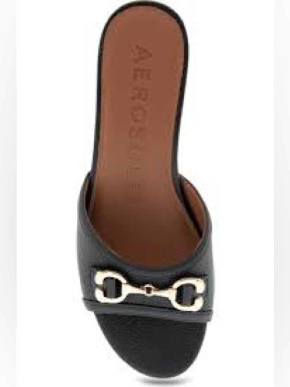 AEROSOLES New in Box Black Slide Sandals with Gold Buckle Detail, Size 8.5